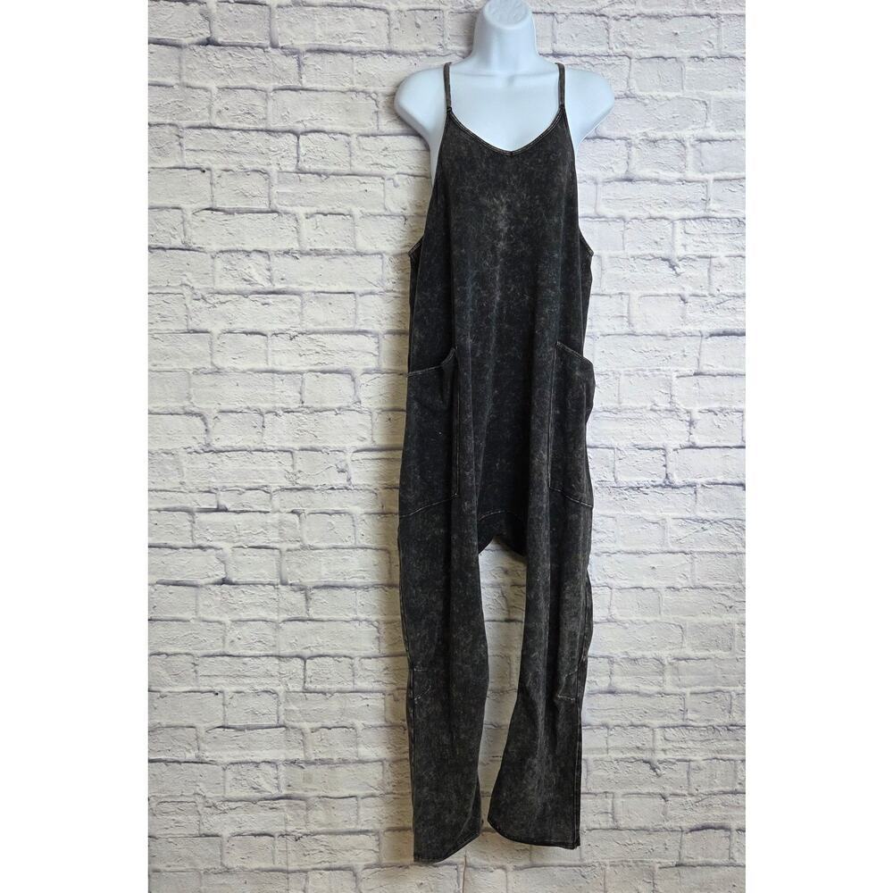 Zenana Womens Size Small/Medium Ash Black Acid Washed Jumpsuit Back Pocket